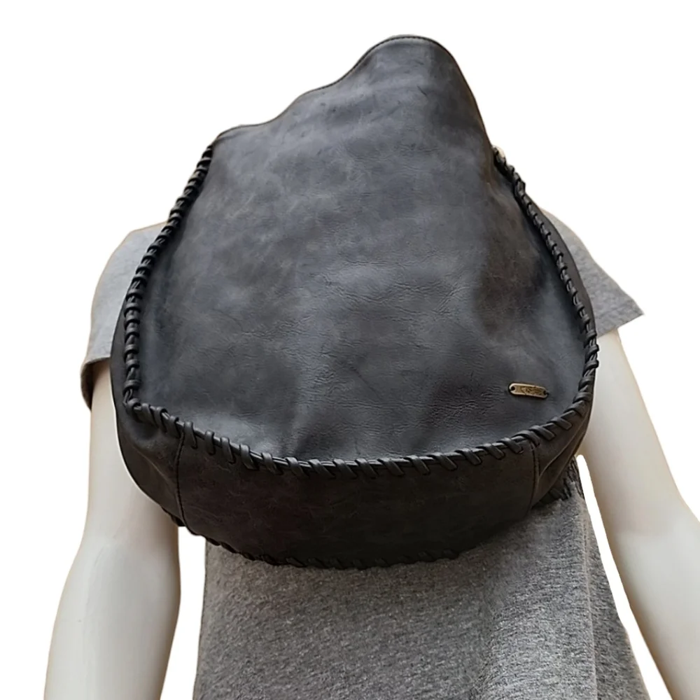 ELLE JAE GYPSET ANTHRO Black Whipstitch Studded Hobo Shoulder Bag Purse Vegan